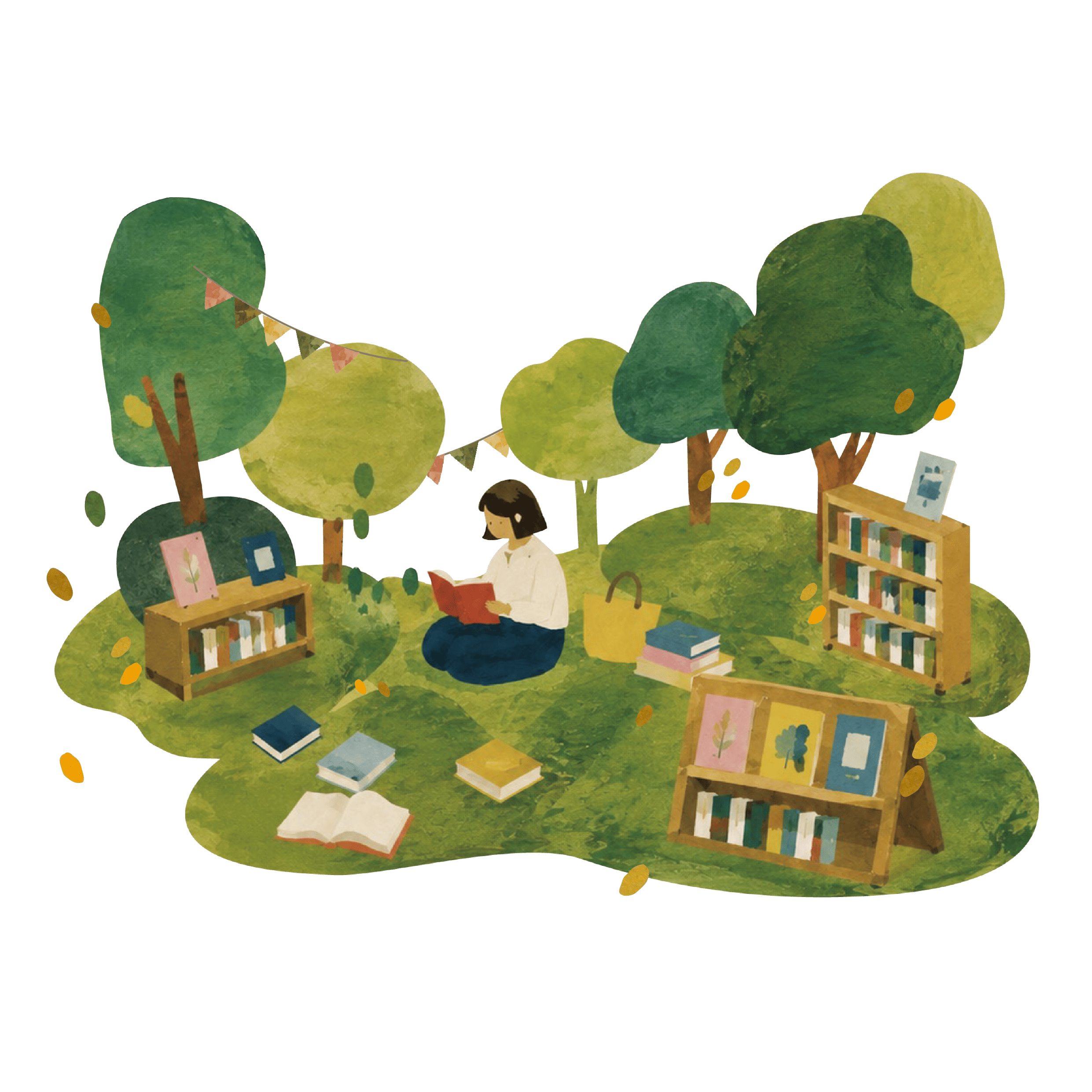 公園で読書を楽しむ人たちのイラスト